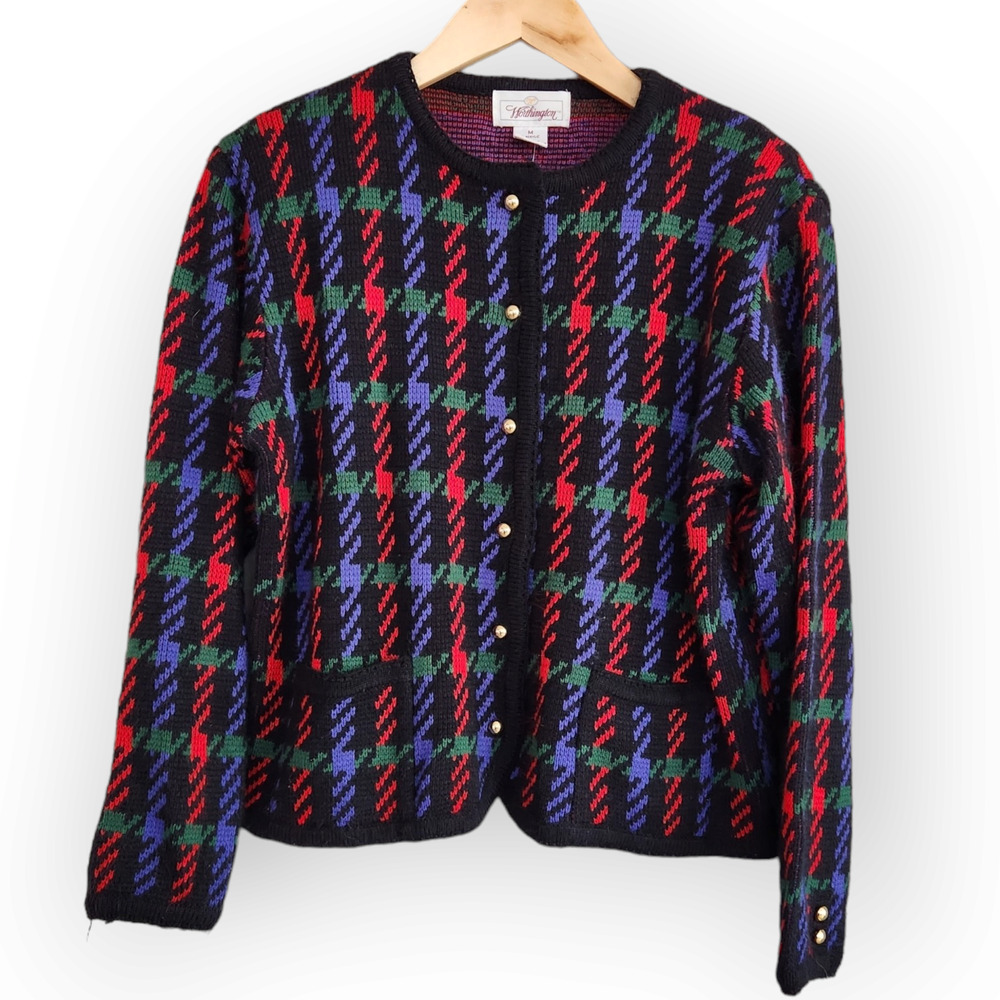 Vintage Worthington Black Red Green Houndstooth Plaid Button Down Cardigan M